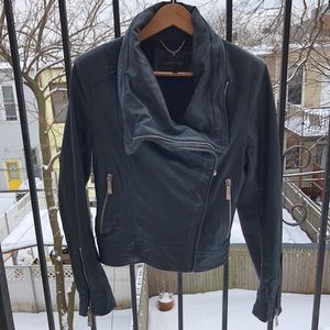 BCBG Shayla Drape Leather Jacket in Navy